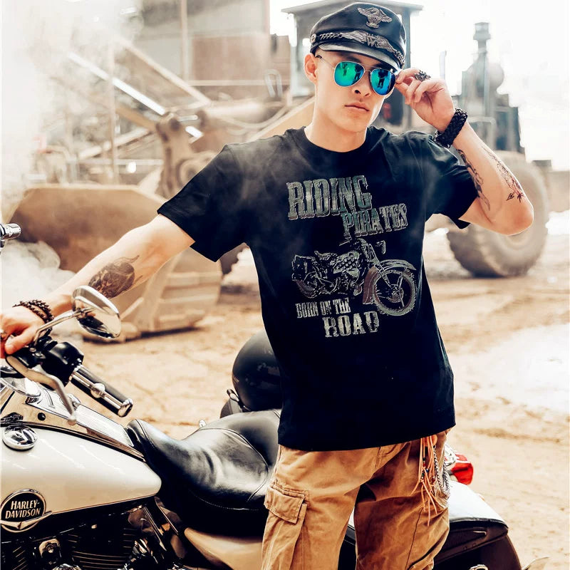 Heavy duty pure cotton American retro short sleeved Tee men's MotorRock motorcycle party trendy short sleeved plain clothes loose T-shirt