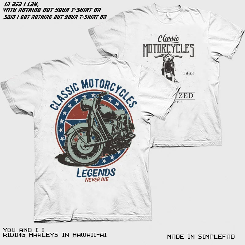 Heavy duty nostalgic short sleeved T-shirt for men in summer, made of pure cotton with retro motorcycle printing, featuring a shoulder round neck and half sleeved T-shirt for men
