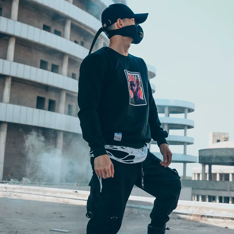 European and American trendy round neck hoodie, dark rock, skull punk, retro cyberpunk style, men's velvet print, vintage