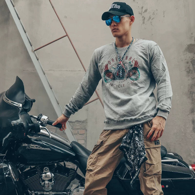 American retro vintage washed Amikaji printed motorcycle hoodie, Japanese vintage men's round neck trendy brand fur loop