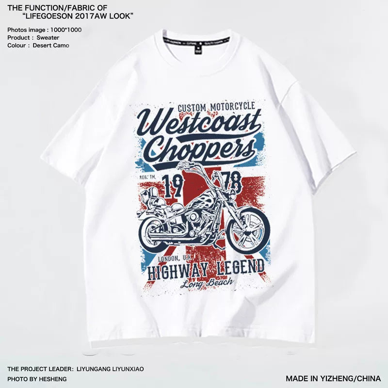 European and American style British retro motorcycle print pure cotton loose summer men's round neck short sleeved T-shirt base shirt youth trendy brand