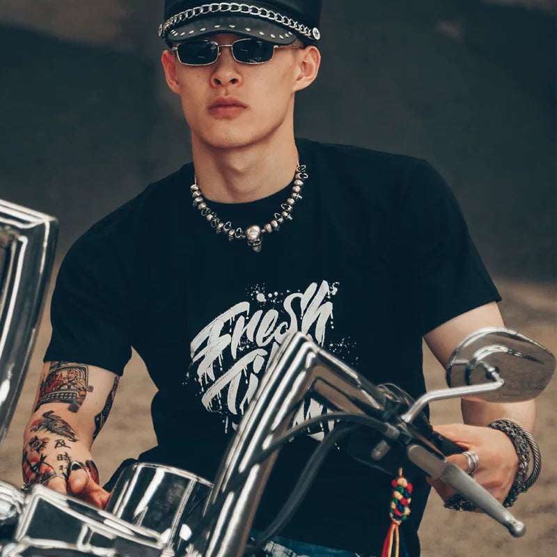 European and American trendy heavy metal rock band retro punk black short sleeved T-shirt motorcycle equipment loose print men