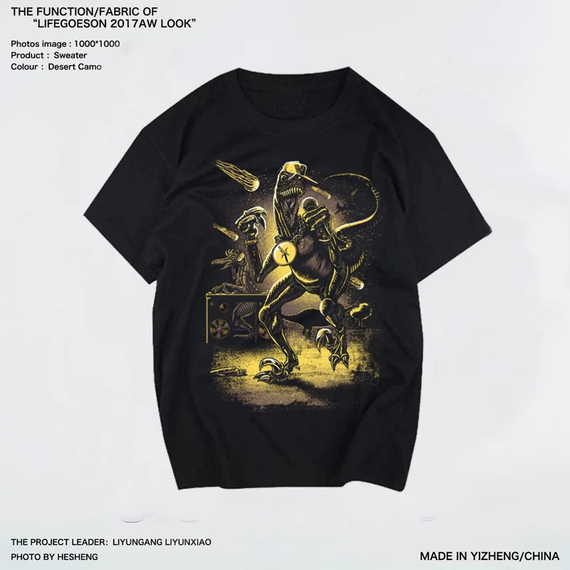 European and American trendy men's short sleeved T-shirt made of pure cotton with cartoon patterns, trendy fashion, personalized graffiti, street hip-hop, dinosaur, loose fit