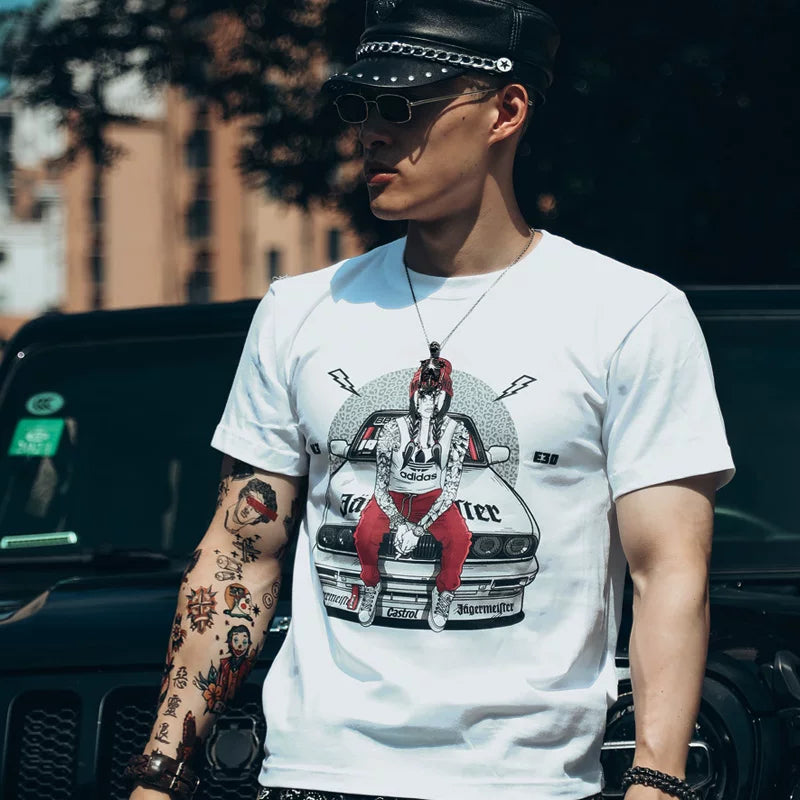 European and American style tattoos, tattooed arms, flower arms, motorcycle, teenage racing, short sleeved T-shirts, men's and women's retro Amis khaki trend