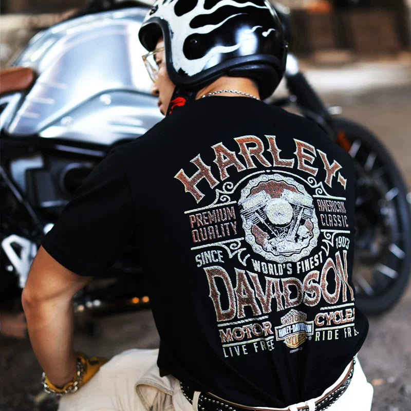 Japanese tough guy motorcycle demon wings printed short sleeved men's t-shirt ins European and American retro trendy brand rock cotton half sleeve