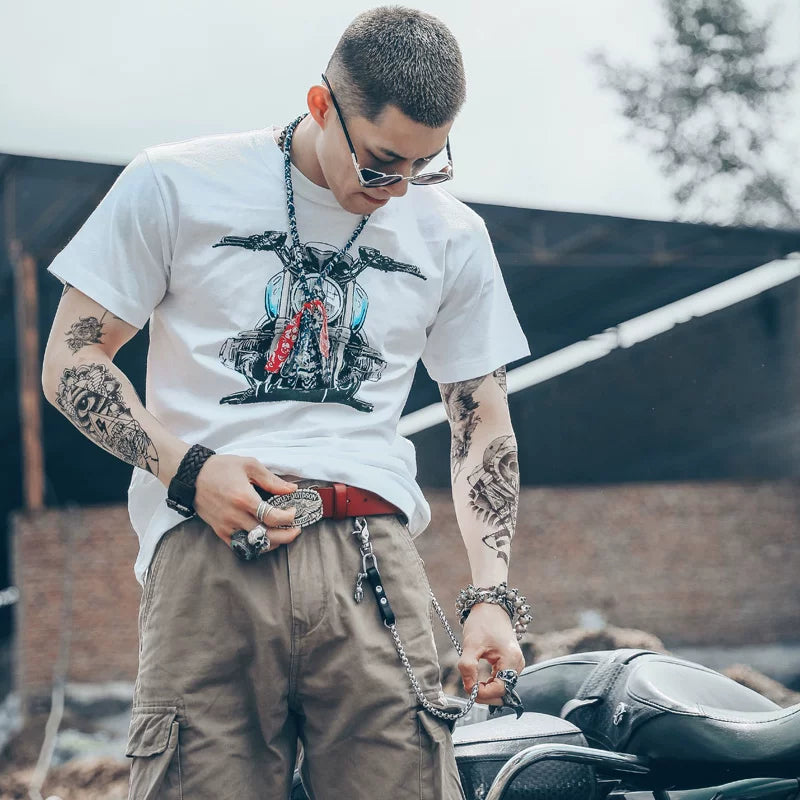 European and American retro Korean version retro ulzzang trendy brand off-road motorcycle motorcycle half sleeved pure cotton short sleeved T-shirt male personality