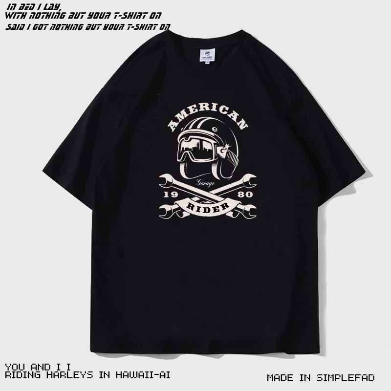 Trendy skull print short sleeved men's T-shirt cotton loose INS European and American motorcycle style T-shirt