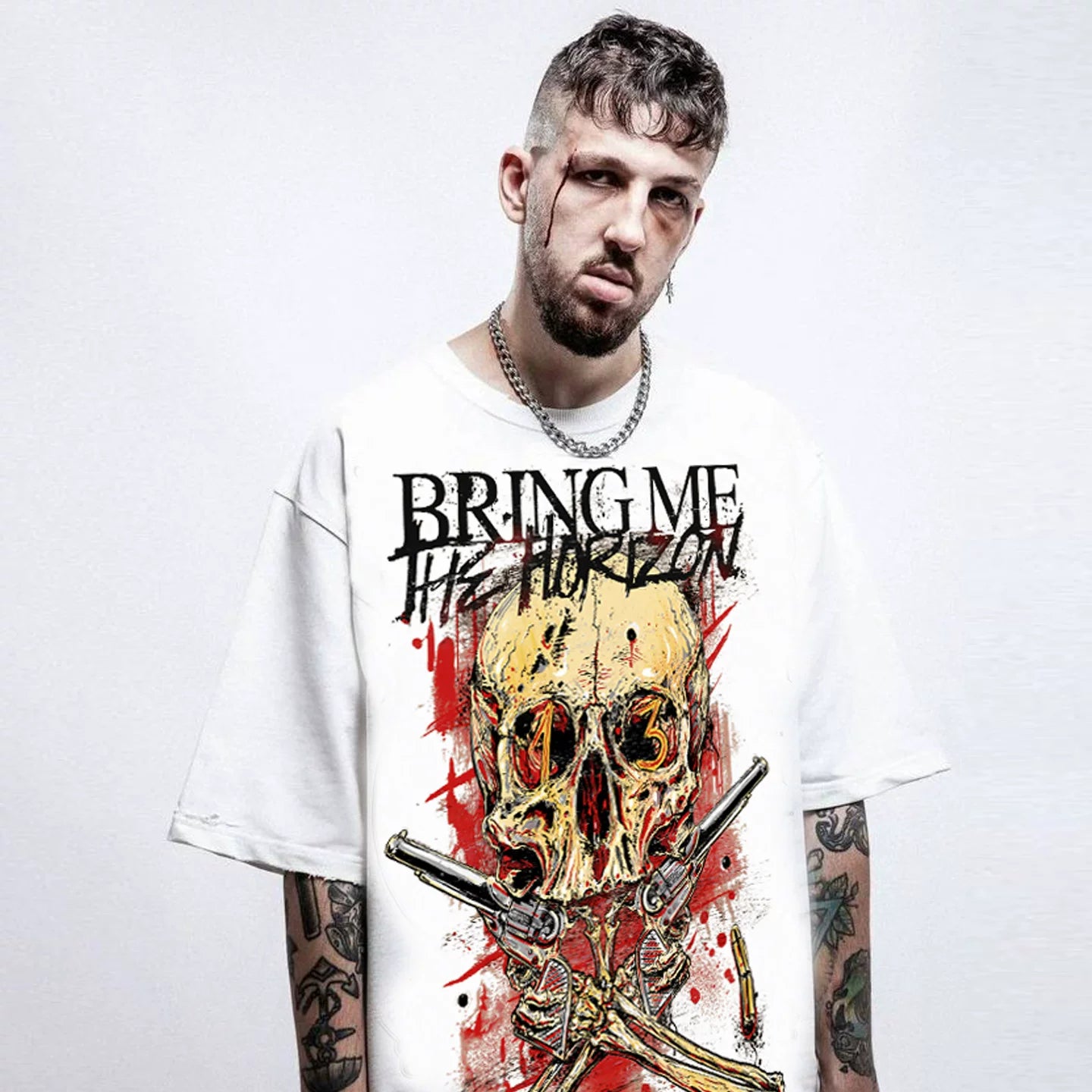 European and American hardcore heavy metal punk skeleton rock band street printed T-shirt heavy cotton loose fit plus size men