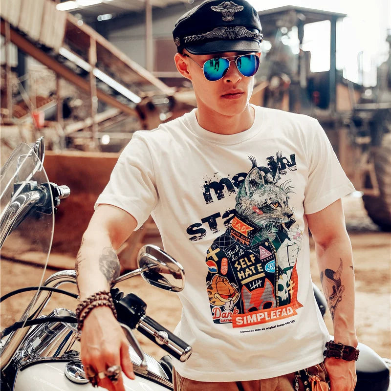 European Rock Music Punk Style Teenage Rebellious Band Trendy Cat Couple T-shirt Short Sleeve Trendy Brand Japanese