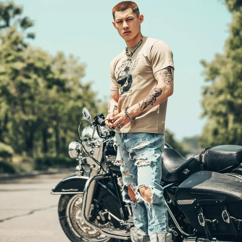 Japanese craftsman retro motorcycle rider Amikaji heavyweight thick Japanese pure cotton rock motorcycle T-shirt short sleeved