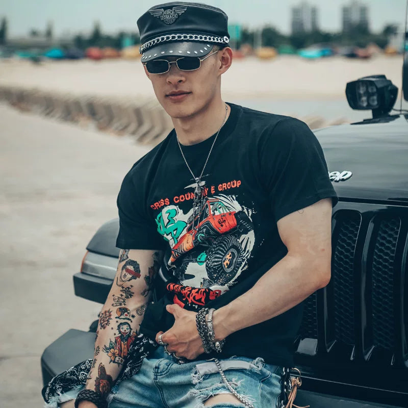 European and American trendy 3D 3D short sleeved T-shirt with men's printed hardcore off-road vehicle four-wheel drive Alashan Hero Club off-road e-tribe