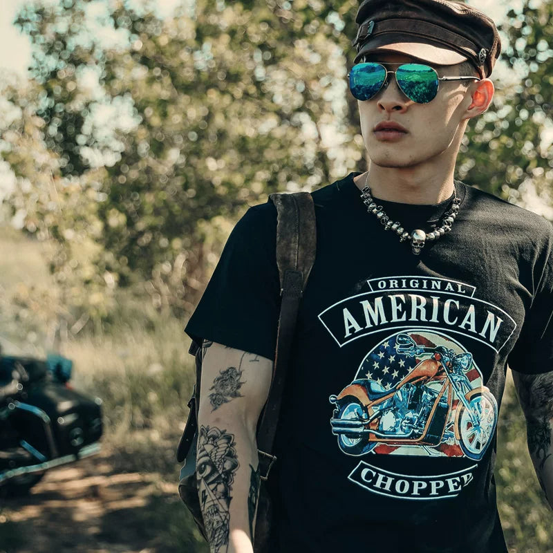 European and American style short sleeved t-shirt, Amekage print, skull head, rock, motorcycle, rider, street heavy motorcycle, male