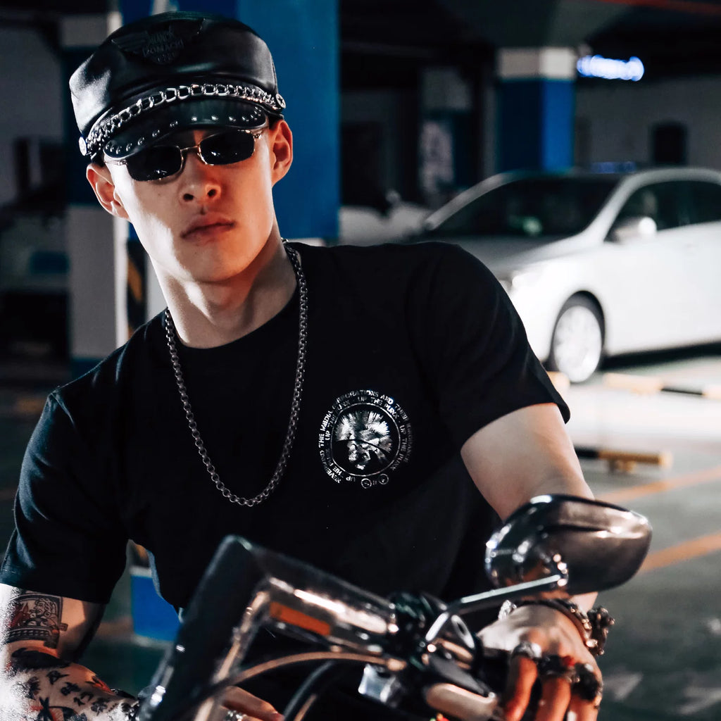 American retro metal band rock motorcycle high street dark skull hot silver MMJ trendy brand short sleeved T-shirt for men and women
