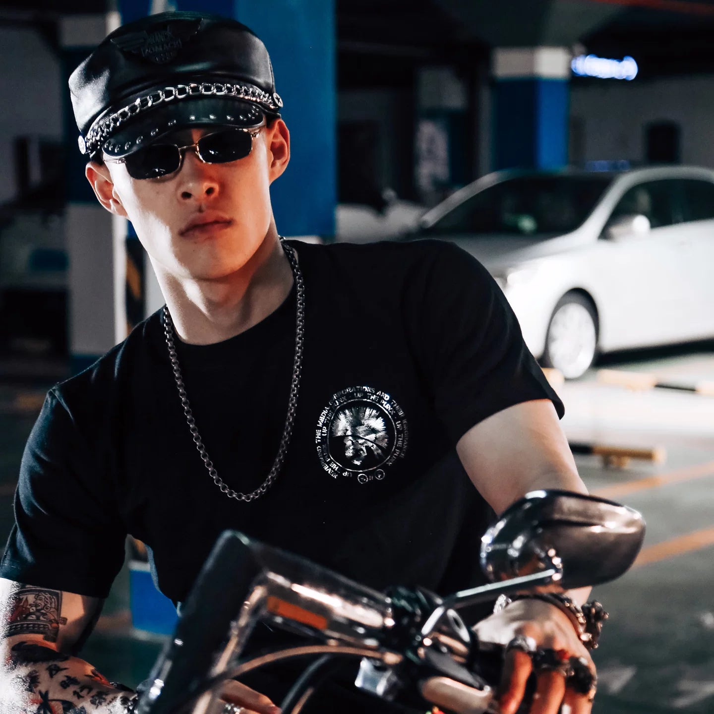 American retro metal band rock motorcycle high street dark skull hot silver MMJ trendy brand short sleeved T-shirt for men and women
