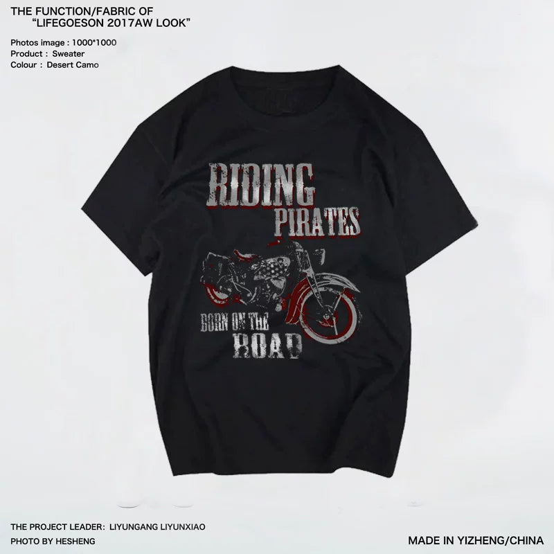 Heavy duty pure cotton American retro short sleeved Tee men's MotorRock motorcycle party trendy short sleeved plain clothes loose T-shirt