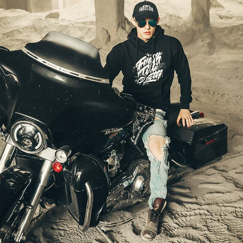 European and American street fashion heavy workwear, Amikaji motorcycle hooded sweatshirt, retro style, vintage American men