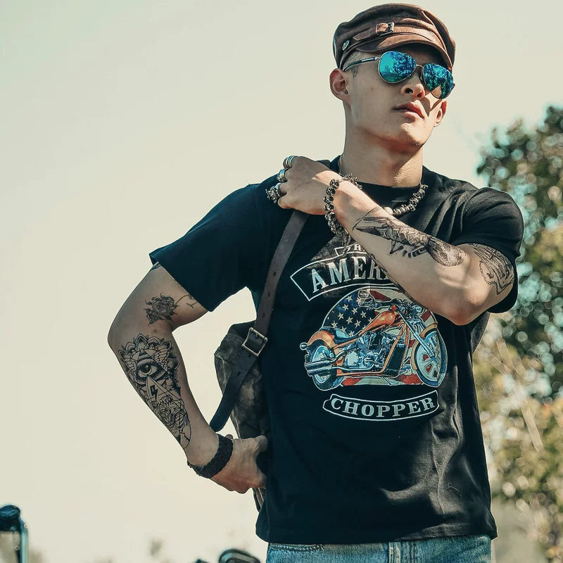 European and American style short sleeved t-shirt, Amekage print, skull head, rock, motorcycle, rider, street heavy motorcycle, male