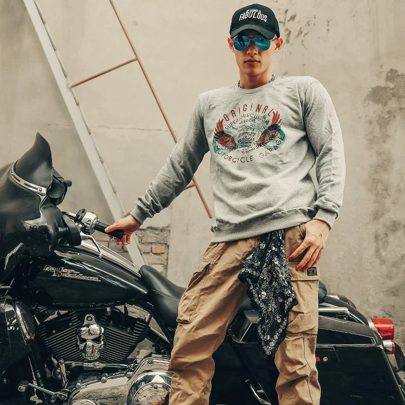 American retro vintage washed Amikaji printed motorcycle hoodie, Japanese vintage men's round neck trendy brand fur loop