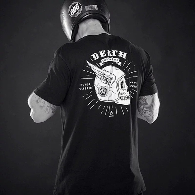 European and American Skull Men's Rock Heavy Motorcycle Work Clothes Short sleeved T-shirt Amikaji Fitness Hardcore Muscle Type Male