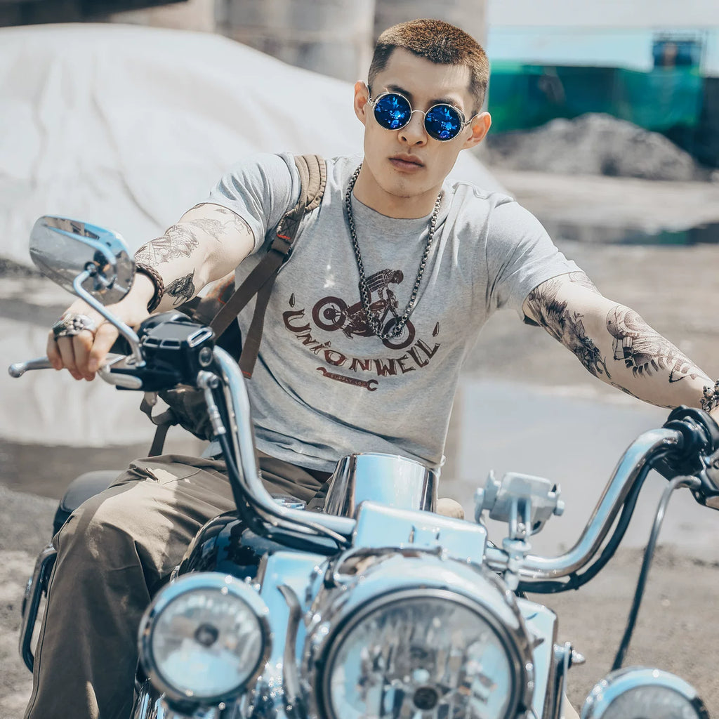 American retro Amei Kaji Street Heavy Motorcycle Motorcycle Rock Style Skull Short Sleeve T-shirt Vintage Men