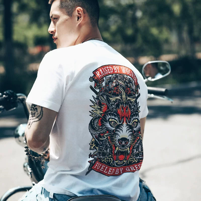 European and American Heavy Motorcycle T-shirt Men's Retro Rock Band Punk Short sleeved Motorcycle Club Wolf Totem Back Pattern