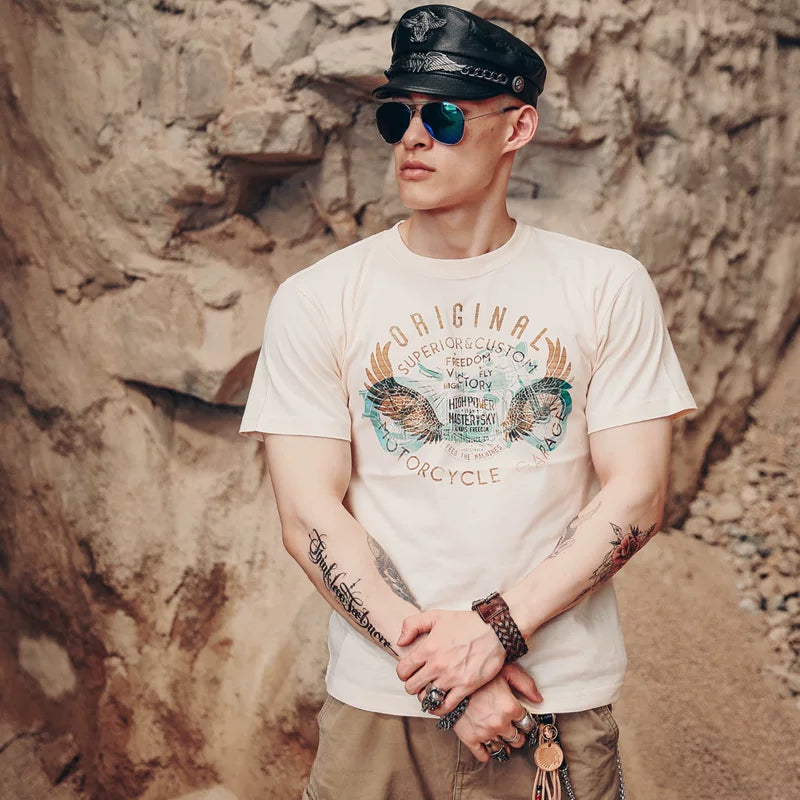 European and American trendy short sleeved West Coast street retro Amikaji motorcycle Western denim T-shirt skull print for men