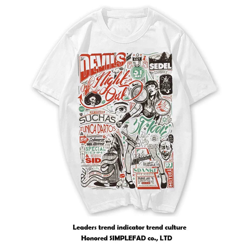 European and American high street fashion brand original designer hand drawn illustration graffiti English rock abstract beauty short sleeved T-shirt for men