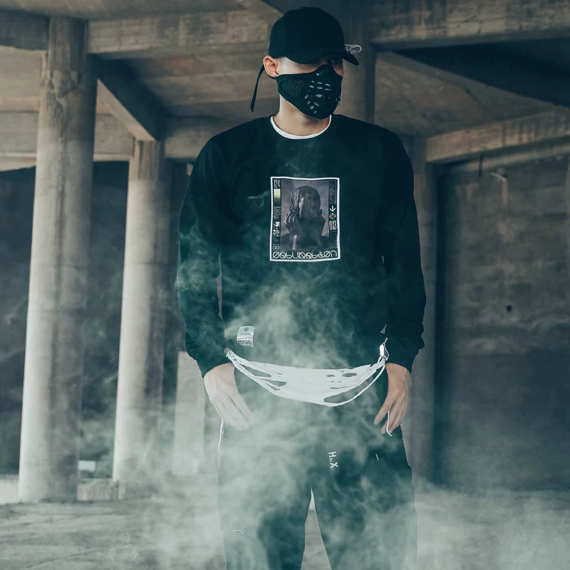 Dark High Street European and American style personalized trendy brand round neck sweatshirt for men, Harajuku style functional style cyberpunk style print