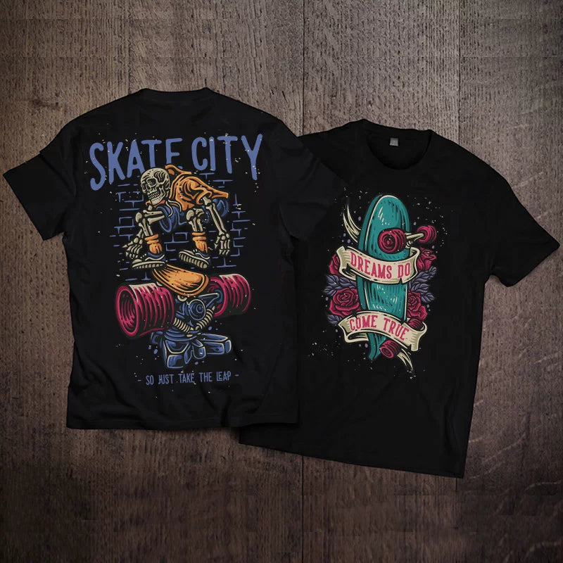 American Retro Hiphop Dark High Street Skeleton Skateboarding Short Sleeve T-shirt Summer Hip Hop Thin Ice Cool Ice Silk Cotton