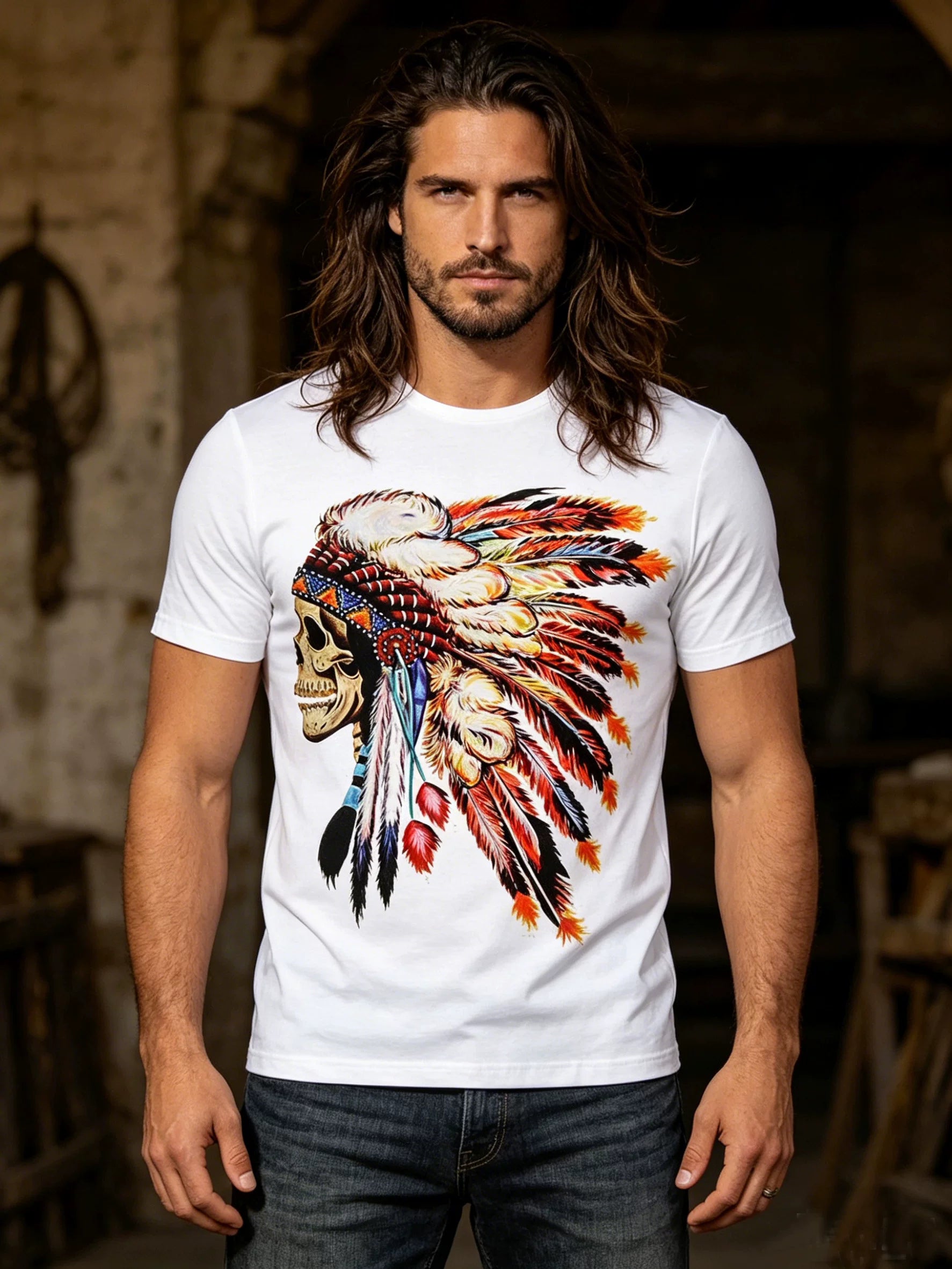 American Trendy Punk Rock Hip Hop Western Cowboy Primitive Indian Head Skull Short Sleeve T-shirt Male