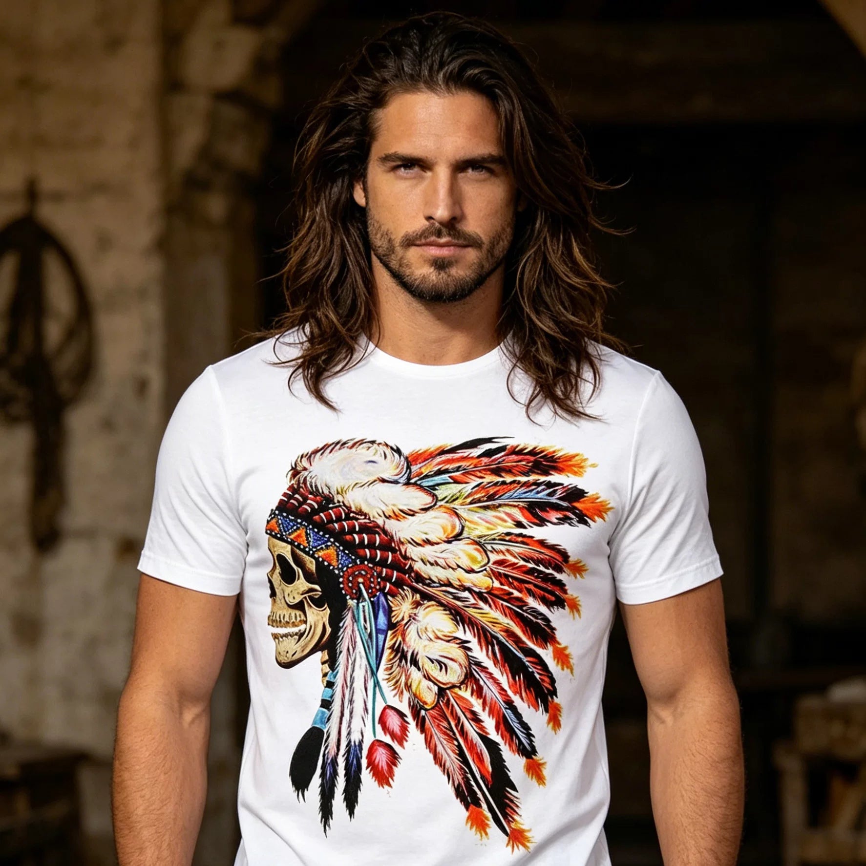 American Trendy Punk Rock Hip Hop Western Cowboy Primitive Indian Head Skull Short Sleeve T-shirt Male