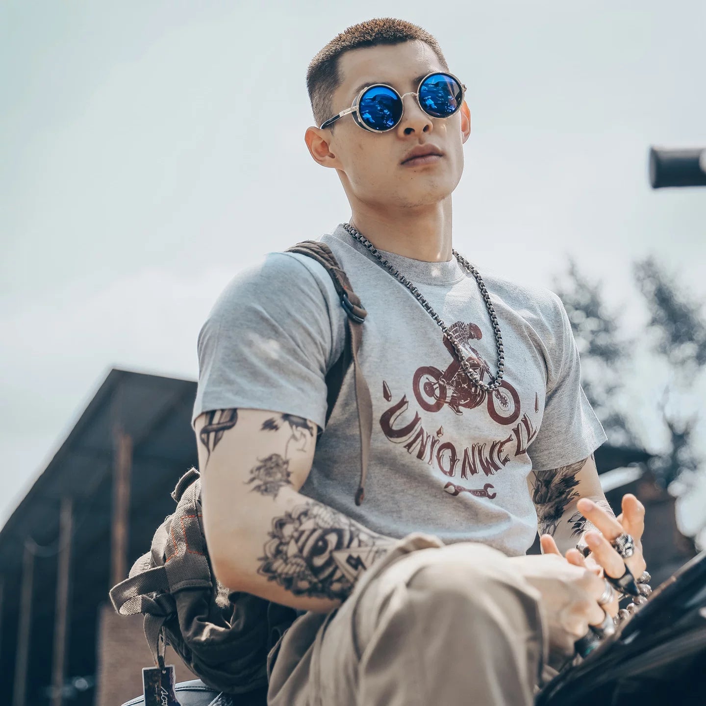 American retro Amei Kaji Street Heavy Motorcycle Motorcycle Rock Style Skull Short Sleeve T-shirt Vintage Men