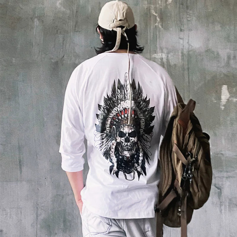 Japanese retro seven quarter sleeved t-shirt with half sleeves, Ins trendy loose rock Indian skull print base top