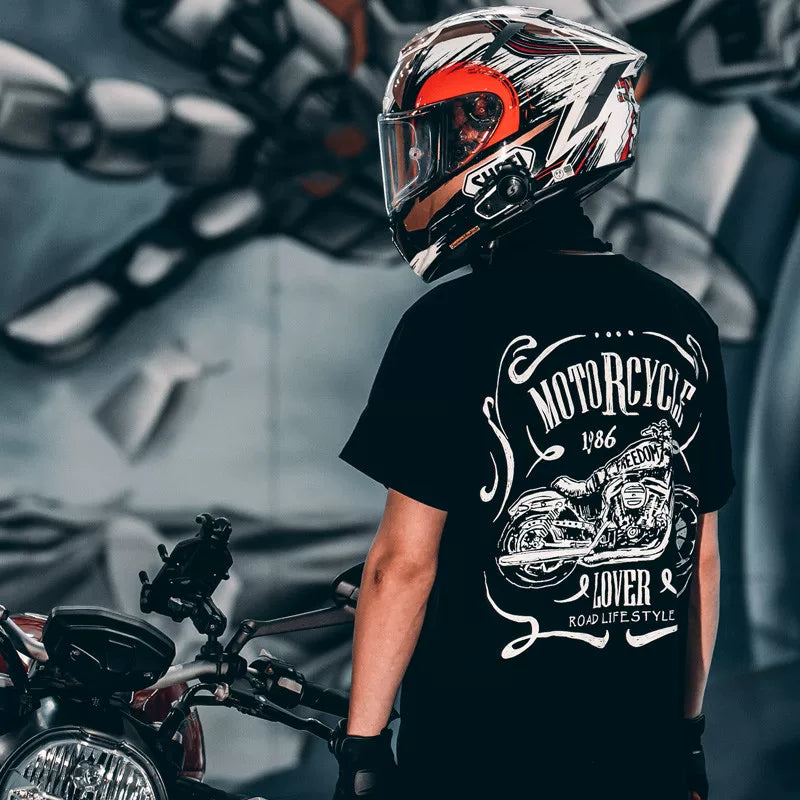 Heavy duty Amikaji American retro round neck short sleeved T-shirt with trendy motorcycle print for young men, half sleeved T-shirt
