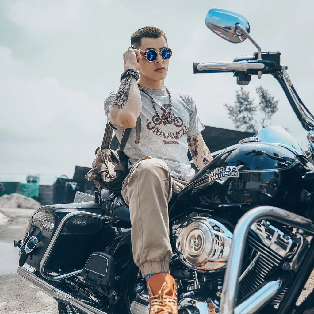 American retro Amei Kaji Street Heavy Motorcycle Motorcycle Rock Style Skull Short Sleeve T-shirt Vintage Men