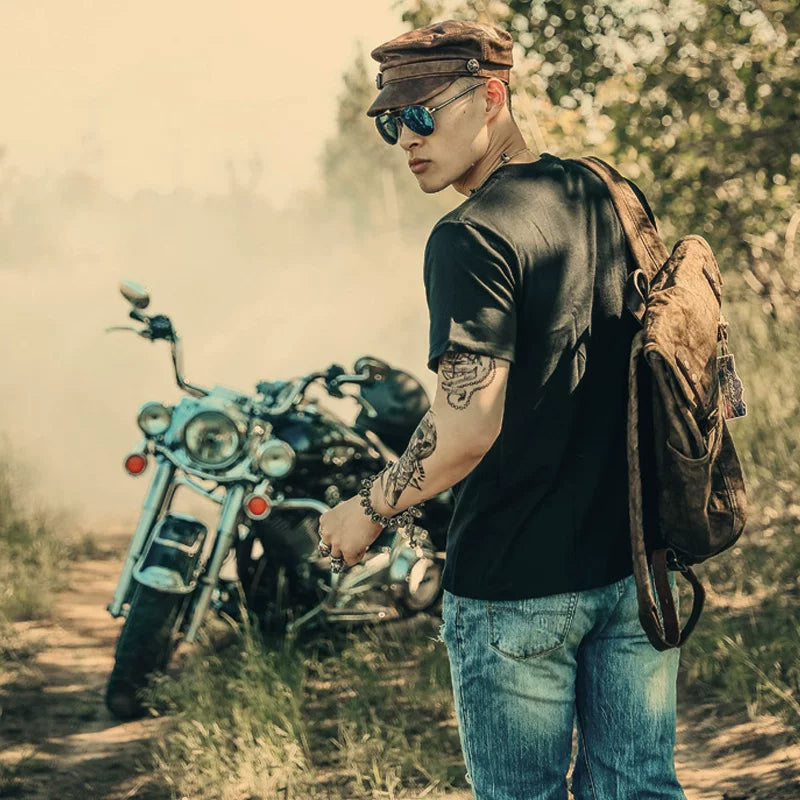 European and American style short sleeved t-shirt, Amekage print, skull head, rock, motorcycle, rider, street heavy motorcycle, male