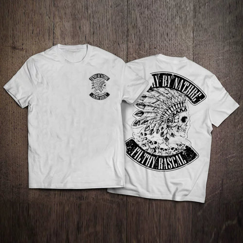 American retro Amis khaki style Western cowboy Indian skeleton motorcycle men's short sleeved T-shirt Heavy duty thick pure cotton