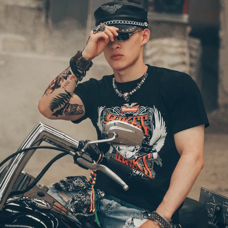 Original European and American retro street fashion brand Gothic style skull men's rock personality exaggerated street style short sleeved t-shirt