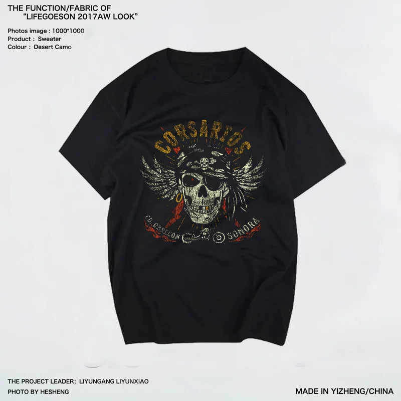 European and American original street retro vintage washed short sleeved T-shirt with personalized crack pattern skull pirate ship print