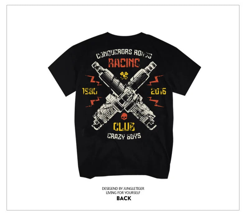 Retro motorcycle T-shirt, tough guy Indian motorcycle riding personality, skull short sleeved classic nostalgic print, half sleeve