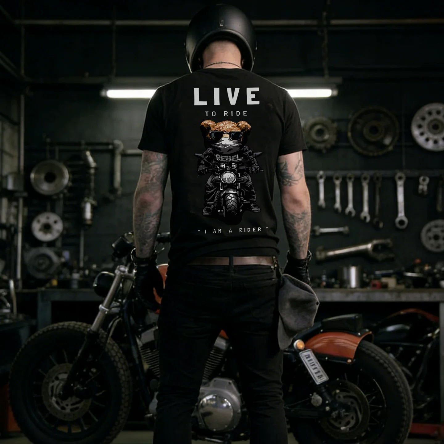 Trendy cartoon teddy bear motorcycle American street motorcycle style printed short sleeved T-shirt men's black trendy brand loose TEE
