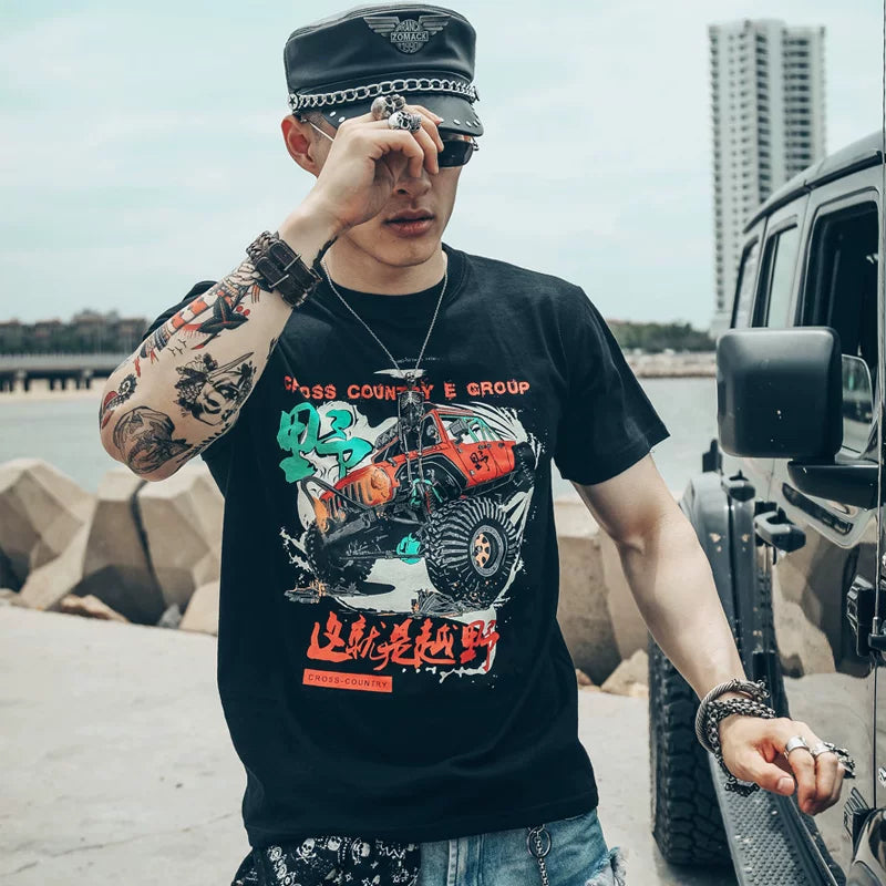 European and American trendy 3D 3D short sleeved T-shirt with men's printed hardcore off-road vehicle four-wheel drive Alashan Hero Club off-road e-tribe