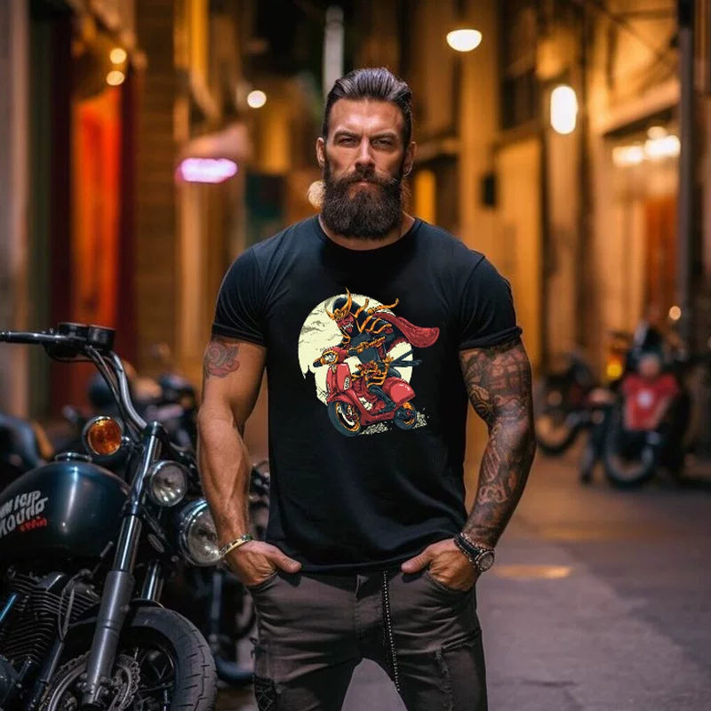 Japanese retro trend brand ukiyo-e motorcycle tattoo port style heavyweight samurai short sleeved men's t-shirt ins pure cotton trend