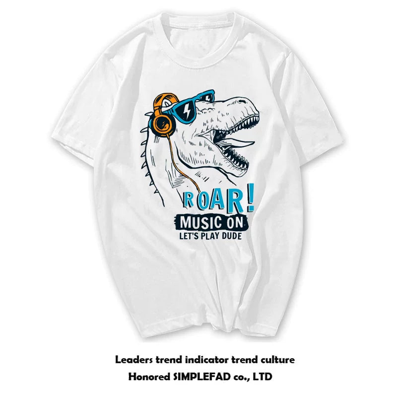 European and American men's short sleeved trendy brand t-shirt, retro casual original style dinosaur, some music buddy, high street cartoon couple