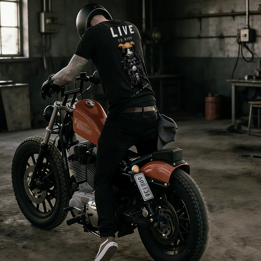 Trendy cartoon teddy bear motorcycle American street motorcycle style printed short sleeved T-shirt men's black trendy brand loose TEE