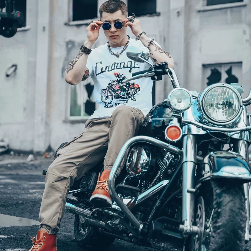 Hand drawn European and American motorcycle racing, mobile phone car printing pattern, pure cotton trendy short sleeved T-shirt, off-road riding MOTO