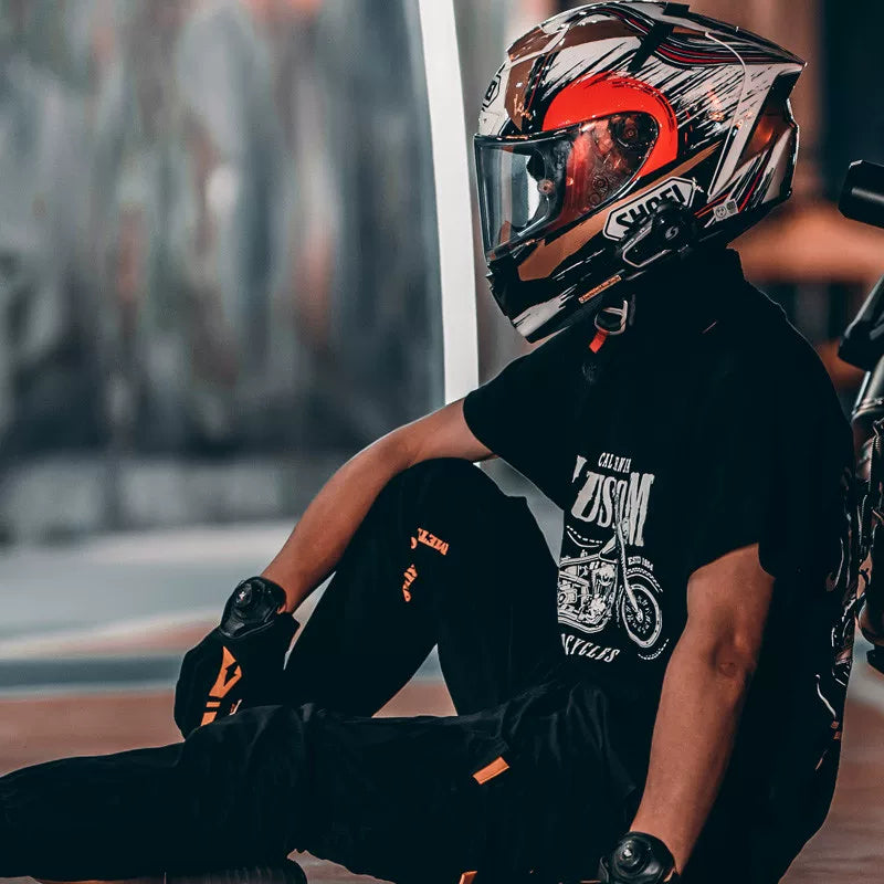 Heavy duty Amikaji American retro round neck short sleeved T-shirt with trendy motorcycle print for young men, half sleeved T-shirt