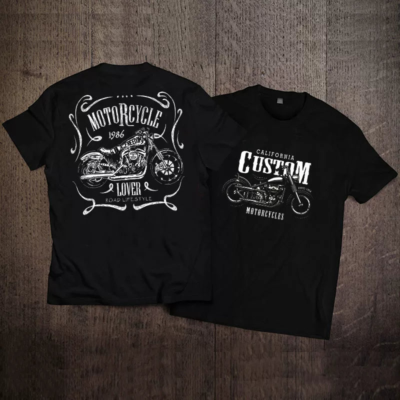Heavy duty Amikaji American retro round neck short sleeved T-shirt with trendy motorcycle print for young men, half sleeved T-shirt