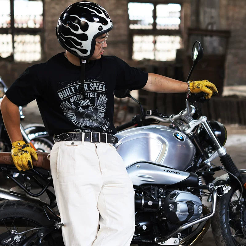 Japanese tough guy motorcycle demon wings printed short sleeved men's t-shirt ins European and American retro trendy brand rock cotton half sleeve