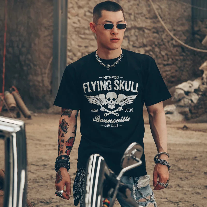 European and American punk rock heavy metal skeleton personality fashion motorcycle style heavyweight cotton short sleeved T-shirt Amikaji